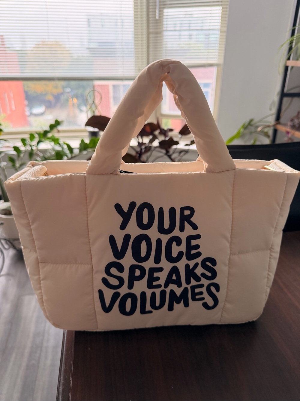 Target Quilted Tote Bag - Cream with Black Text